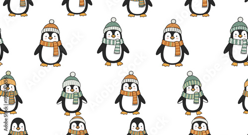 Charming penguins wearing warm winter hats and scarves in a seamless pattern design evoke a cozy and playful atmosphere for seasonal textiles.