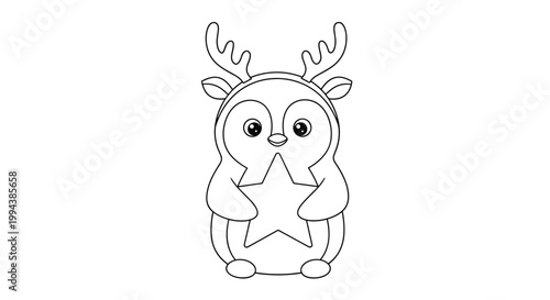 Cute penguin character wearing reindeer antlers and holding a large star offers a charming and festive line art illustration for winter holidays.