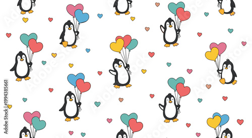 Penguins holding colorful heart shaped balloons in a seamless pattern on a white background create a sweet and celebratory design for kids.
