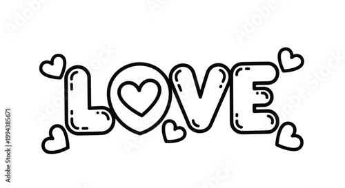 Love word art with heart shapes in a bubbly and cute font style creates a charming line art illustration for romantic and valentine themes.