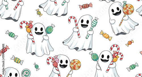 Playful ghosts holding lollipops and candy canes in a seamless pattern design capture a fun and non-scary spirit for halloween celebrations.