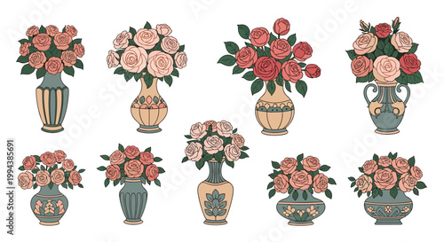 Various elegant vases filled with beautiful rose bouquets in pink and red tones create a classic and romantic collection of floral still life.