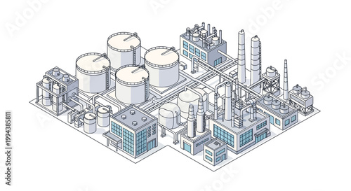 Isometric illustration of an industrial complex with storage tanks and buildings