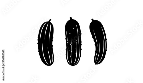 Three Minimalist Cucumber Shapes Black Silhouette Vector Design on White Background