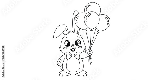 Cheerful rabbit wearing a bowtie and holding a bunch of balloons makes a delightful coloring page for kids parties.