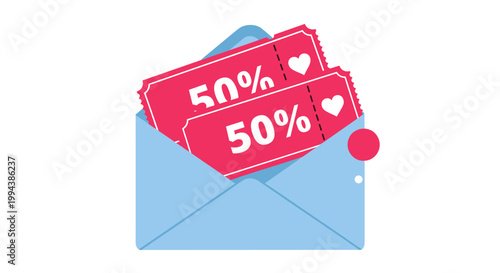Blue envelope containing two fifty percent discount coupons with heart icons represents a special promotional offer.