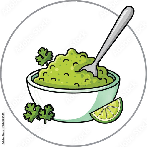 Guacamole, green dip, bowl with spoon, lime, parsley, Mexican food icon