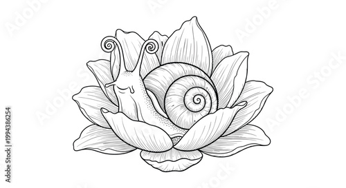 Detailed engraving style illustration of a snail resting on a blooming lotus flower showcases nature and tranquility.