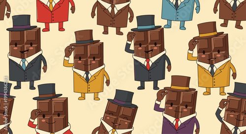 Funny seamless pattern of chocolate bar characters wearing business suits and top hats in various vibrant colors.