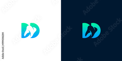 Abstract D letter logo design with blue and green gradient, minimalist branding for technology or finance companies