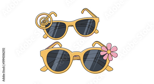 Two pairs of stylish yellow sunglasses with flower and spiral decorations represent summer fun and fashion accessories.