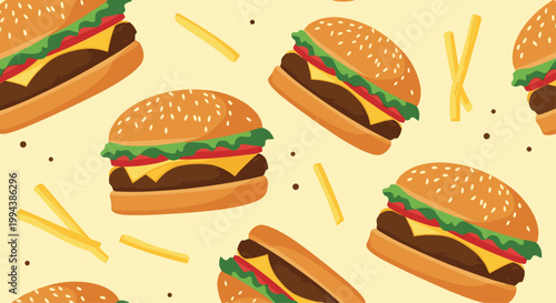 Tasty cheeseburgers and crispy french fries form a mouth watering seamless pattern for fast food and dining themes.