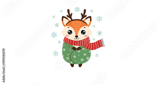 Adorable fox character wearing a winter sweater and scarf with deer antlers stands among falling snowflakes in a scene.