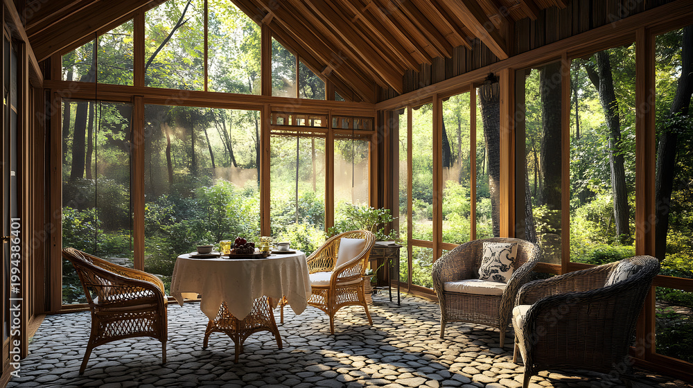 Fototapeta premium Cozy screen porch with wicker furniture and forest view in natural daylight