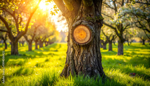 A sun-drenched orchard features a tree with a hollowed-out section revealing its growth rings.