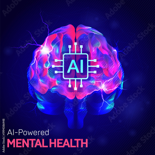 AI Brain Activity Neuroscience Futuristic Technology Concept. Glowing abstract brain with AI chip core and electric signals, illustrating artificial intelligence