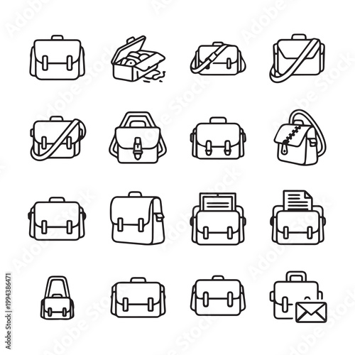 Collection of modern messenger bags and briefcases in a clean line art style