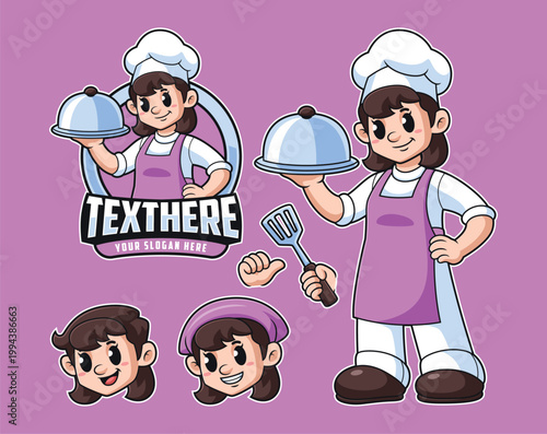 editable female chef mascot cartoon character set