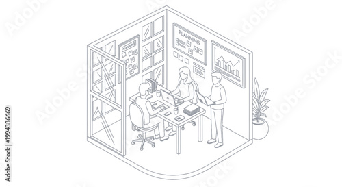 Three people interacting at a trade show booth with displays and a table.
