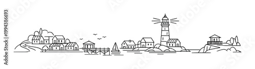 Coastal village with lighthouse and pier on rocky shore