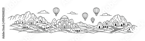 Domed building and caves under hot air balloons in valley