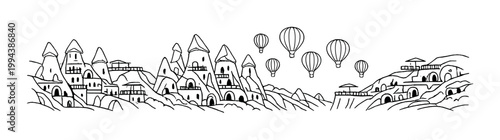 Rock dwellings with hot air balloons over rocky valley landscape
