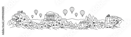 Carved rock houses and hot air balloons over rocky plain