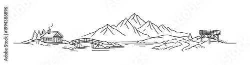 Cabin by a bridge with mountains and lake in background