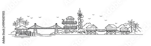 Coastal stilt houses and observation tower by suspension bridge