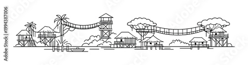 Series of tree house huts connected by rope bridges over water