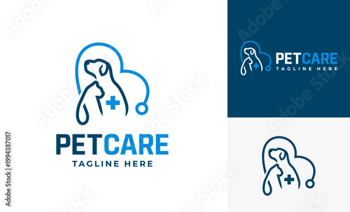 Simple pet care cat and dog animals combined logo design concept, Stylish technology healthcare design logo