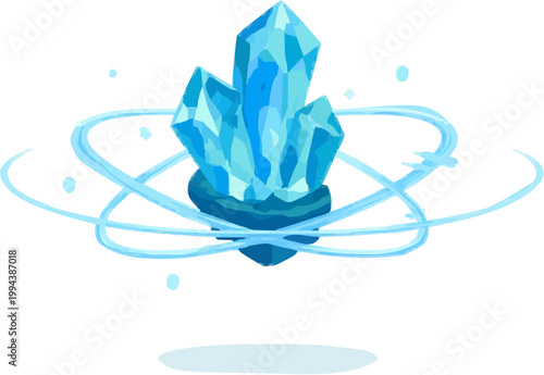 A minimalist, neon blue and white crystal orb radiates energy in a circular pattern of light, surrounded by floating orbs on a clean, white background