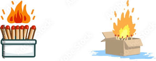 A minimalist illustration of a box filled with matches, some of which are lit by a small flame and sparks, set against a clean white background