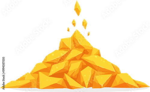 A minimalist 2D illustration of a bright, flat explosion of crystal dust, featuring thousands of tiny gold and silver geometric shapes forming a pyramid-like structure against a white background