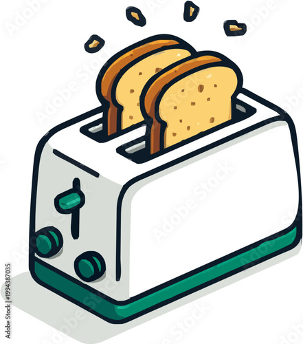A minimalist toaster illustration features two slices of bread popping up with crumbs, rendered in muted silver and orange hues against a clean white background