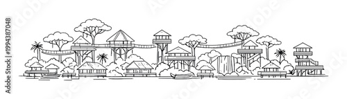 Treehouse village connected by elevated walkways in jungle