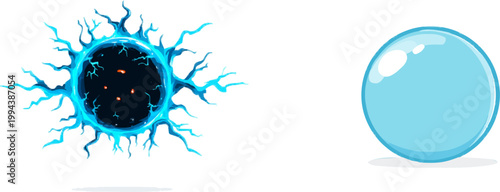 A vibrant blue plasma ball in a minimalist 2D illustration features dynamic energy bursts with glowing orange spots at its core