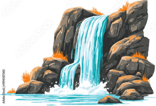 A stylized flat vector illustration of a serene waterfall cascading down rugged rocks into a tranquil blue pool, with muted blue and grey tones creating a clean, natural scene