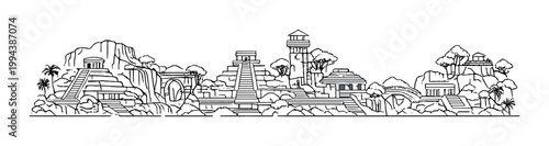 Stone pyramid ruins with terraces and stairways in jungle