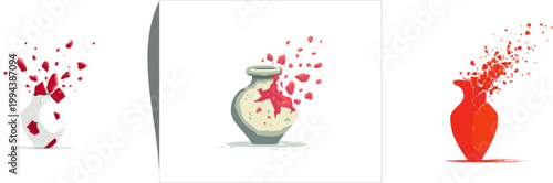 A pristine white ceramic vase shatters into numerous vividly colored fragments against a stark white background, showcasing its clean lines and vibrant hues