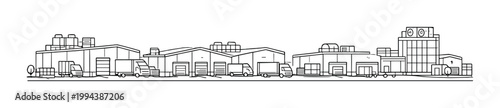 Warehouse complex with delivery trucks and loading bays on street