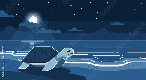 A lonely turtle journeys on the beach under the moonlight, evoking the spirit of World Turtle Day