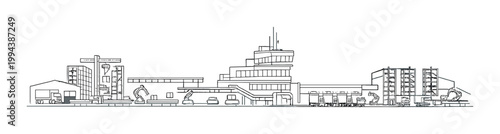 Industrial terminal with trucks and loading robots at facility