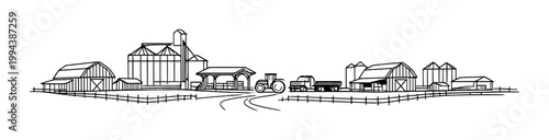 Farm vehicles and barns along a fenced rural landscape