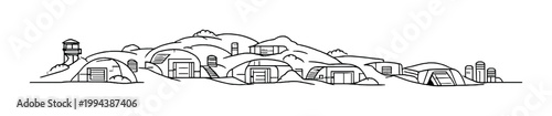 Bunker domes and small shelters across hilly terrain with tower