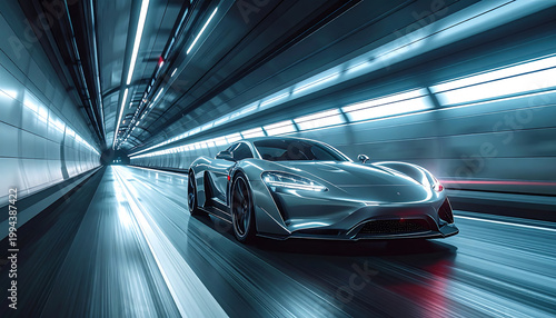 Professional panning shot of a sleek silver sports car racing through a modern tunnel