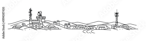 Bunker domes with antenna and satellite dishes on flat plains