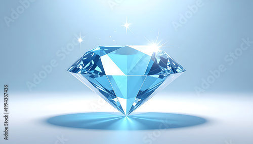 A brilliant, multifaceted blue diamond rests on a reflective surface, radiating light and symbolizing luxury and preciousness.