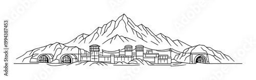 Fortified complex with tunnels below mountain range