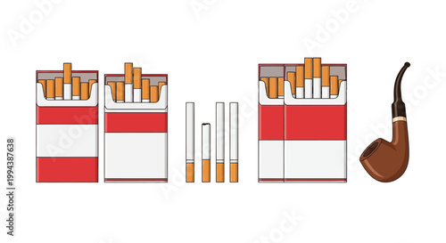 Cigarettes in packs and loose alongside a classic smoking pipe